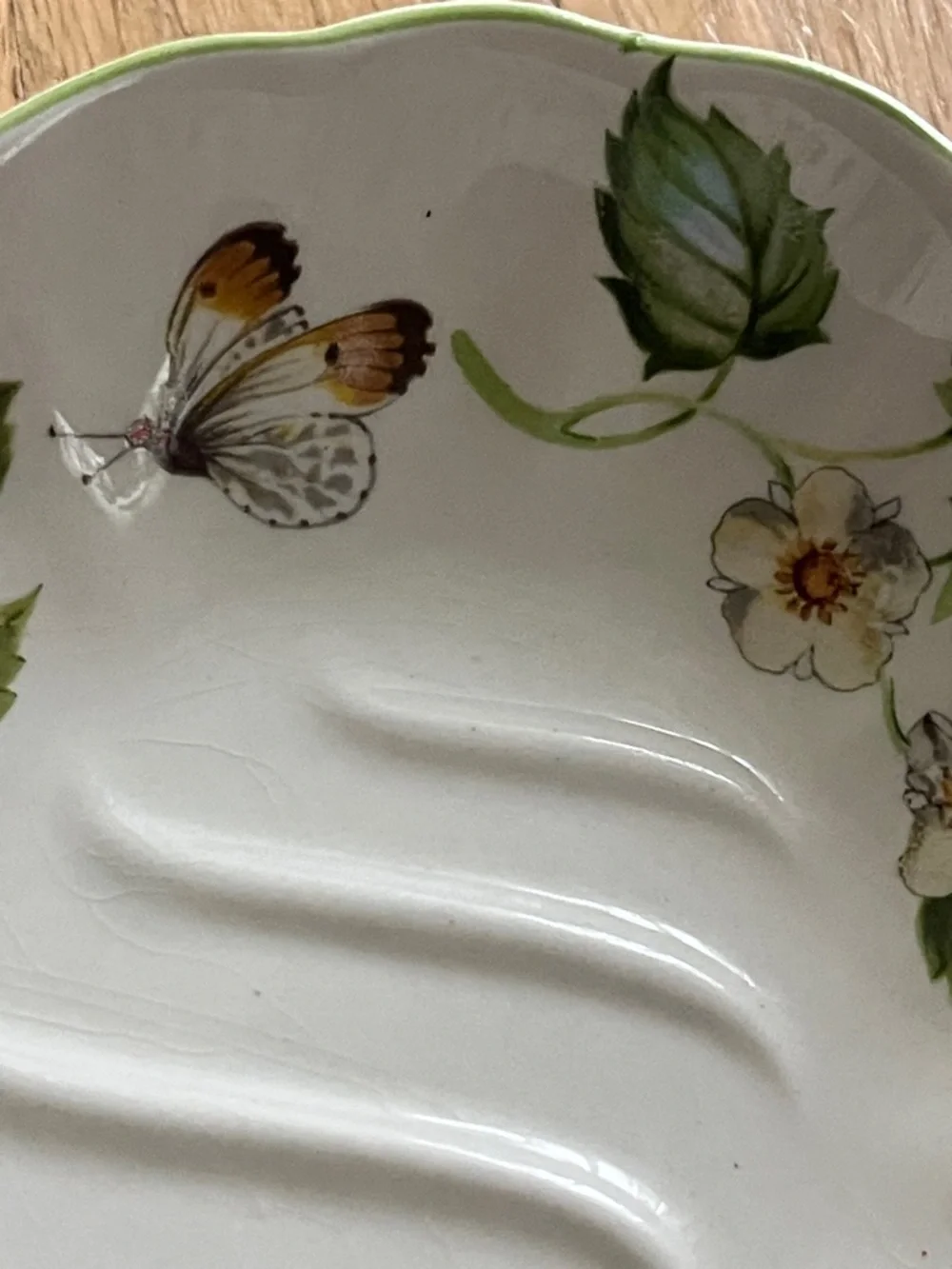 VINTAGE Old Foley Ceramic Floral Soap Dish with Green Trim and Butterfly Accents